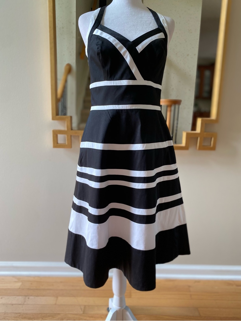 White House Black Market Black White Striped Halter Fit & Flare Dress Size 4 NWT